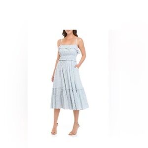 NWT T Tahari Ruffle Tiered‎ Gingham Midi Dress Blue Gray White Lined Size XL.